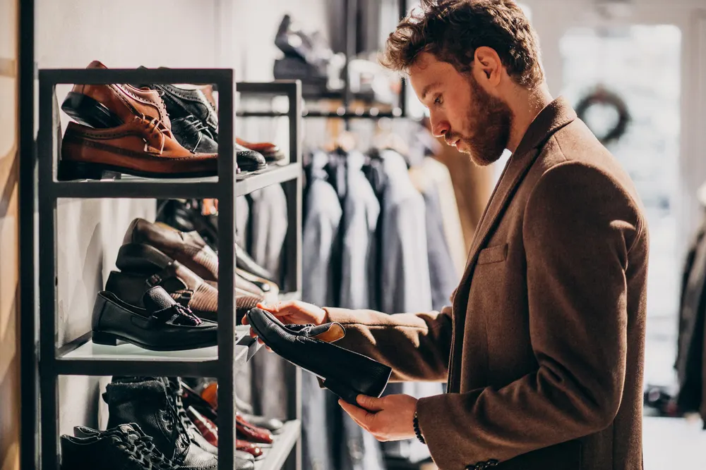 Mann betrachtet in einem Geschäft einen Lederschuh aus dem Regal